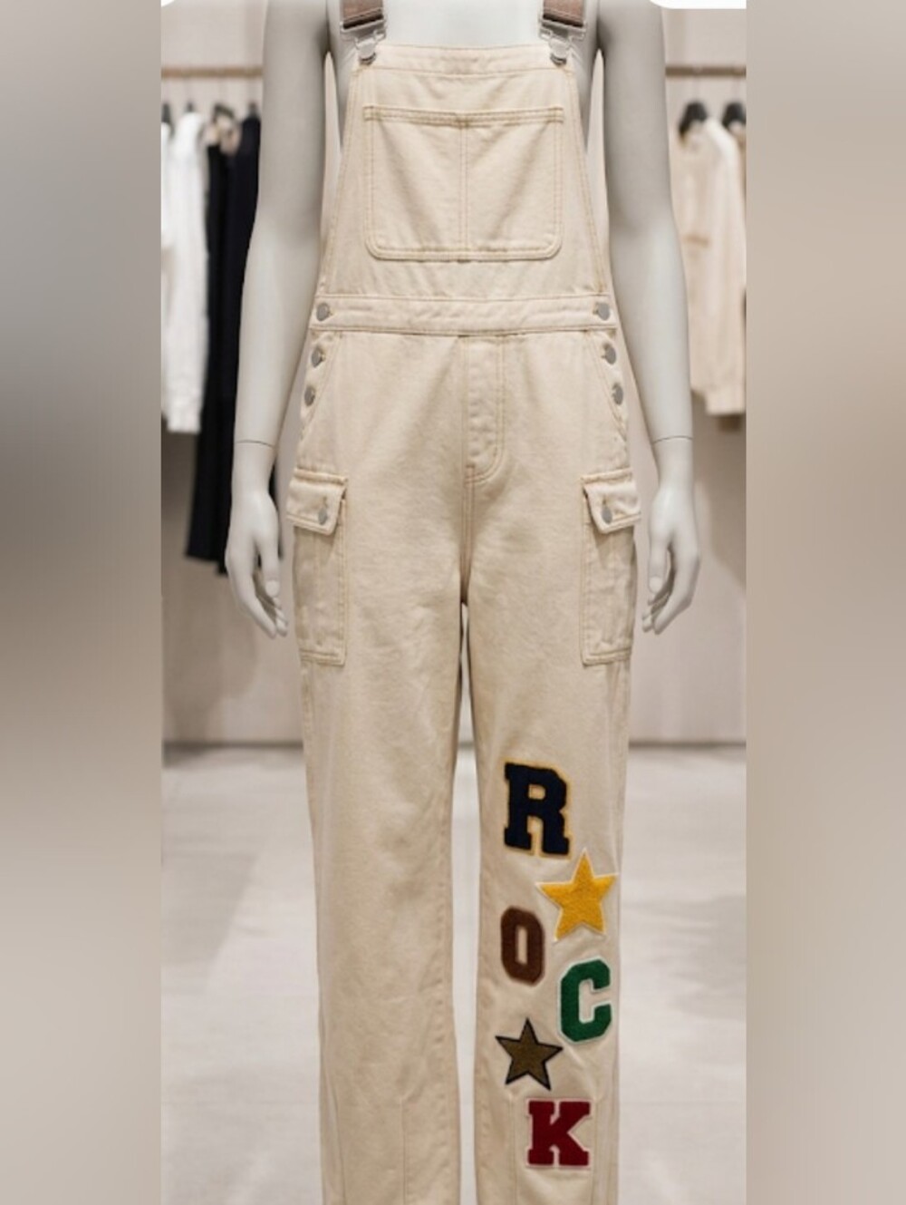 Beige Denim Overalls 3D Patch Details (Sz M) Import Streetwear Contemporary